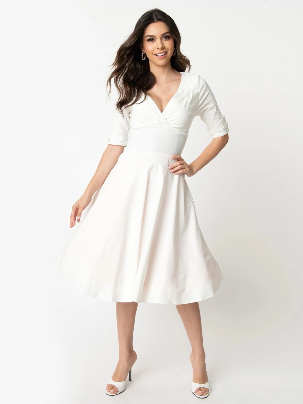 Unique Vintage Ivory Delores Swing Dress with Sleeves Size XL/14